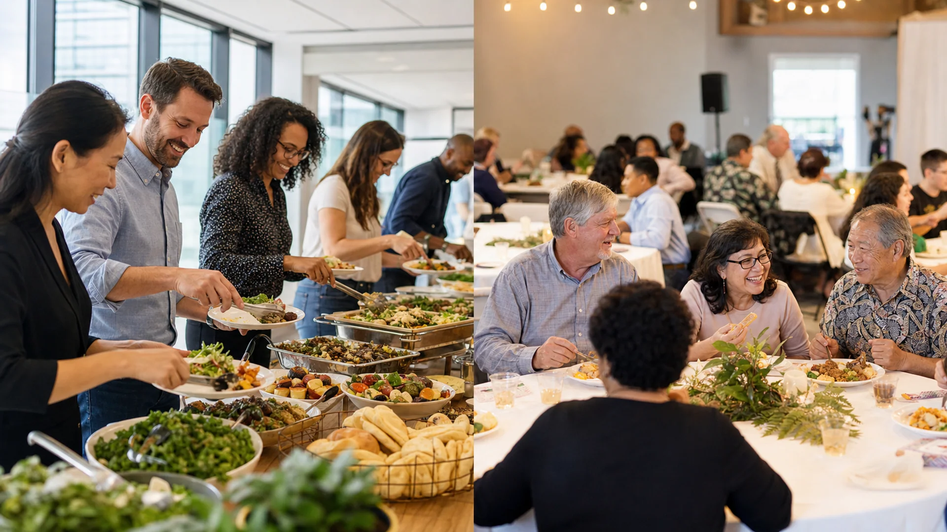 An office luncheon and community hall event with catered food